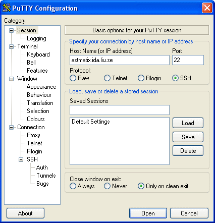 Instllningar i PuTTY
