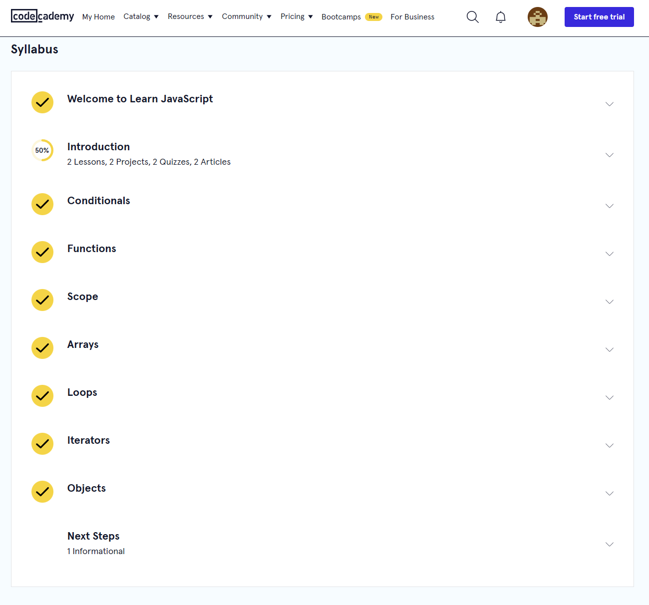 Codecademy syllabus showing completed lessons.