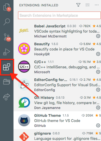 The extensions sidebar in Visual Studio Code