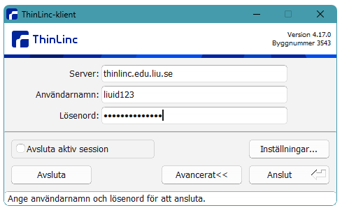 Inloggningsfnster i Thinlinc