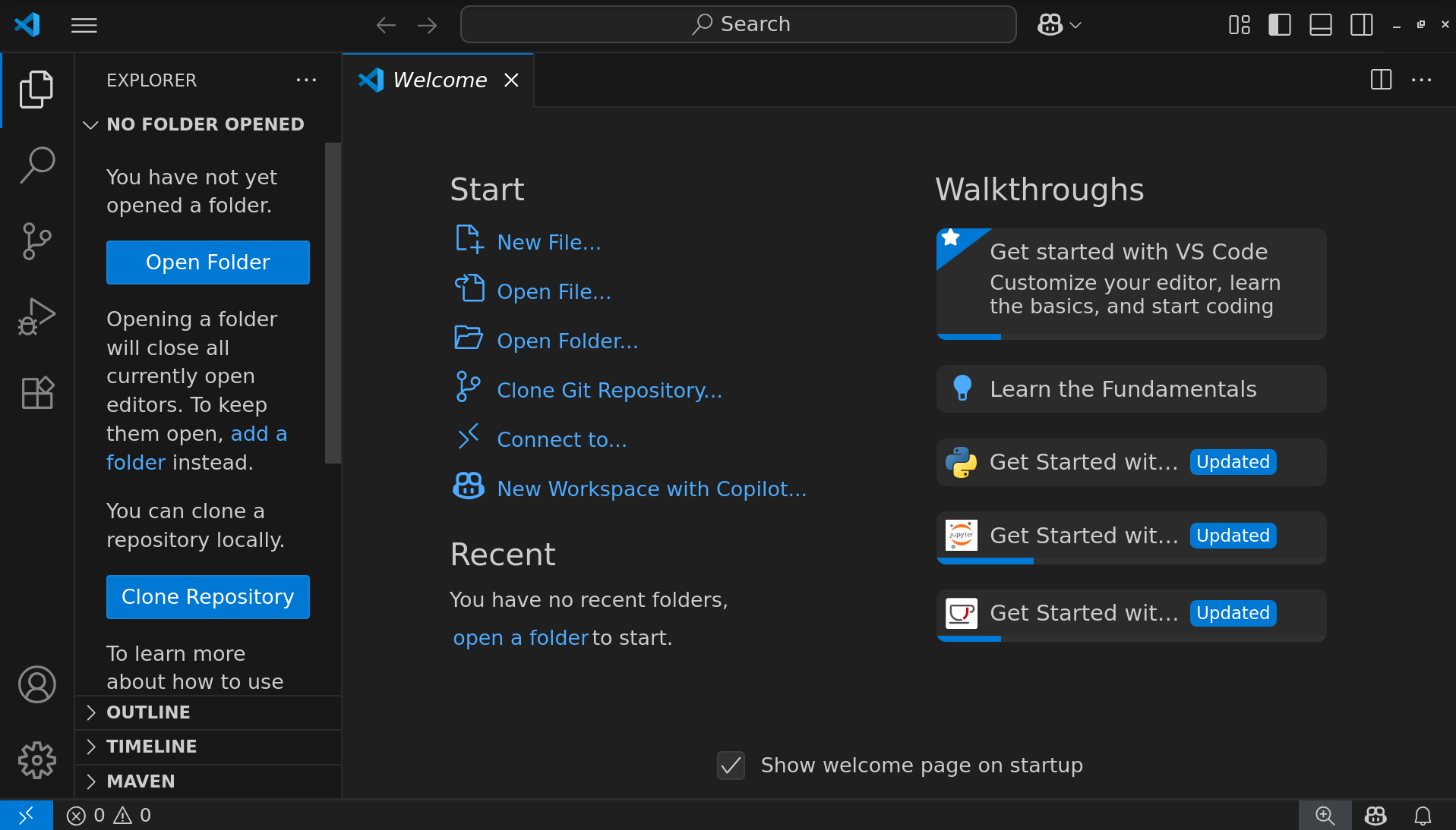 ppningsskrmen i VS Code